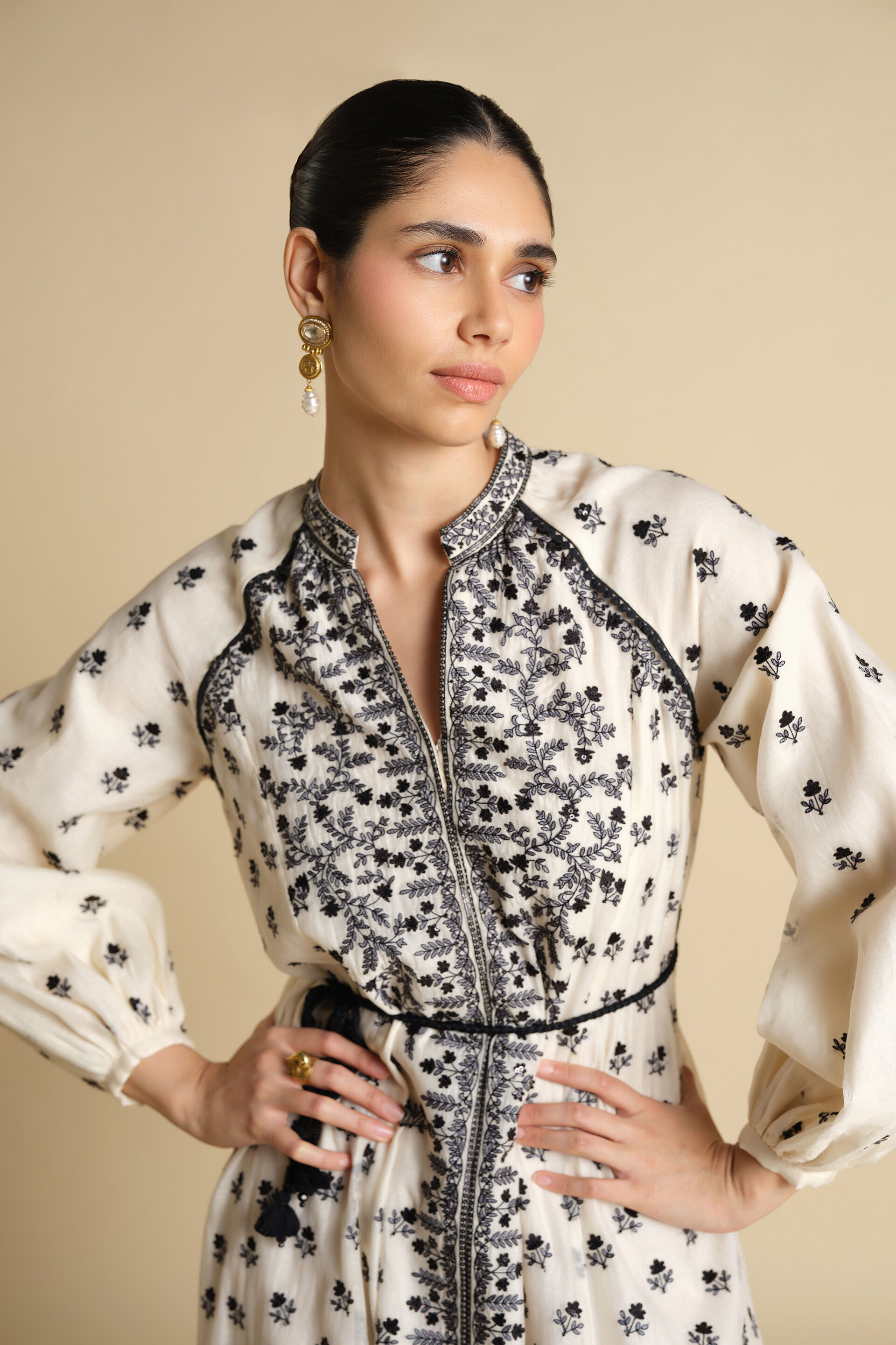 Sawsan A-Line Embroidered Mul Kaftan - White, White, image 5